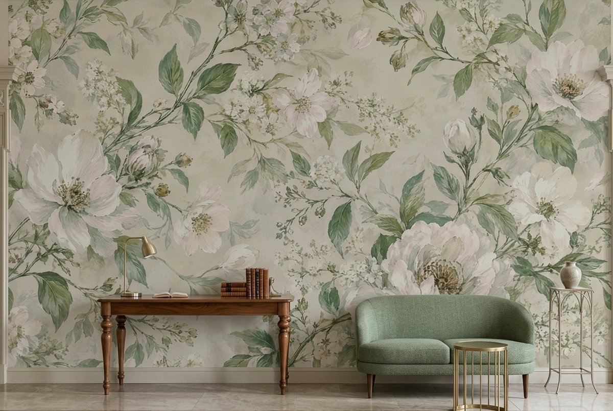 Blush Botanical Flowers Wallpaper Soft Watercolor Wall Mural