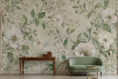 Blush Botanical Flowers Wallpaper Soft Watercolor Wall Mural