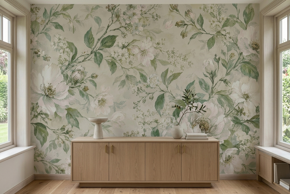 Blush Botanical Flowers Wallpaper Soft Watercolor Wall Mural