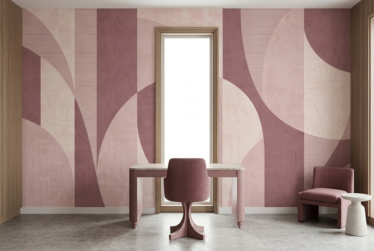 Curved Geometric Forms Wallpaper Soft Pink Cream Wall Mural