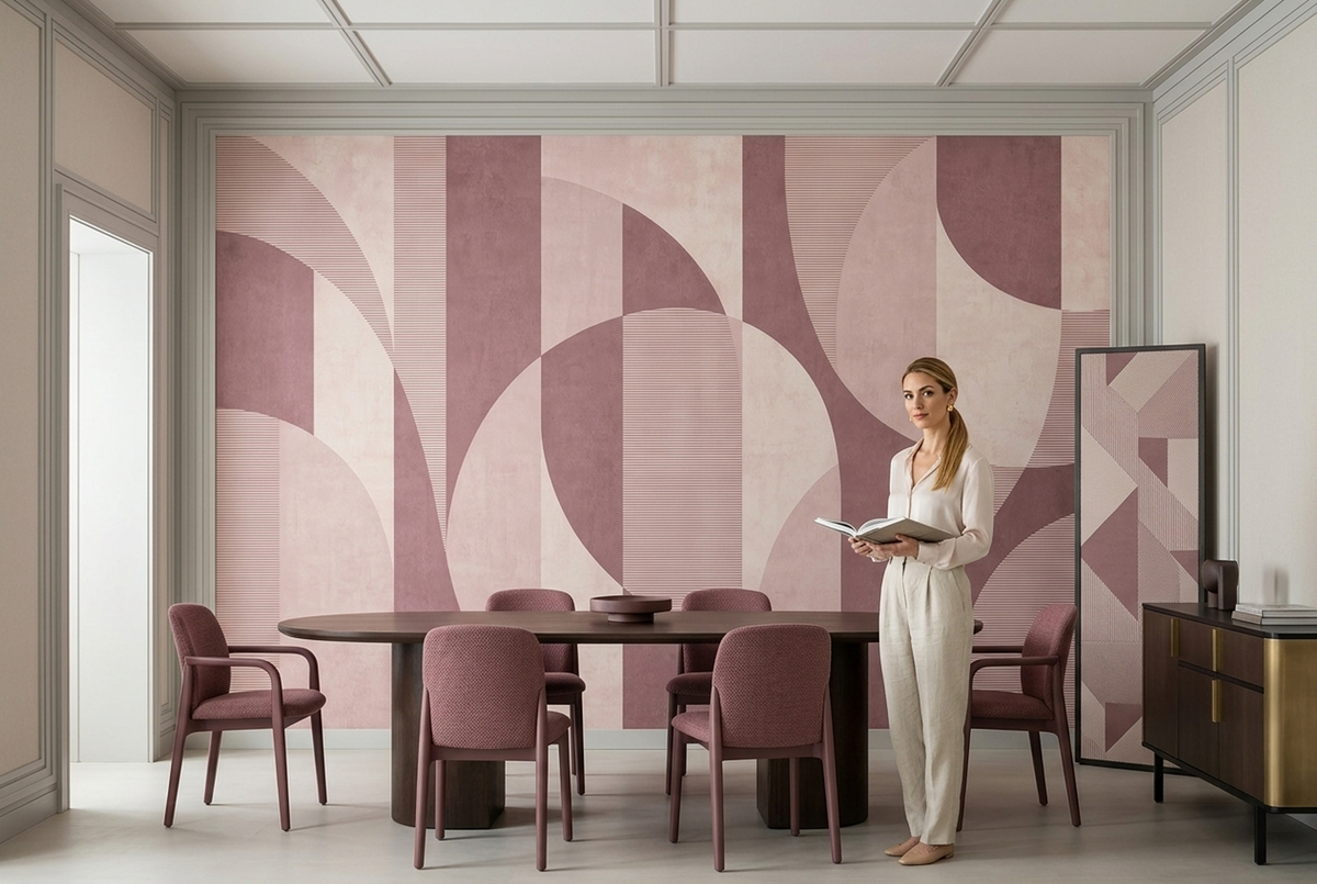 Curved Geometric Forms Wallpaper Soft Pink Cream Wall Mural