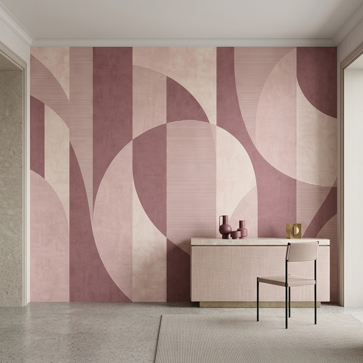 Curved Geometric Forms Wallpaper Soft Pink Cream Wall Mural