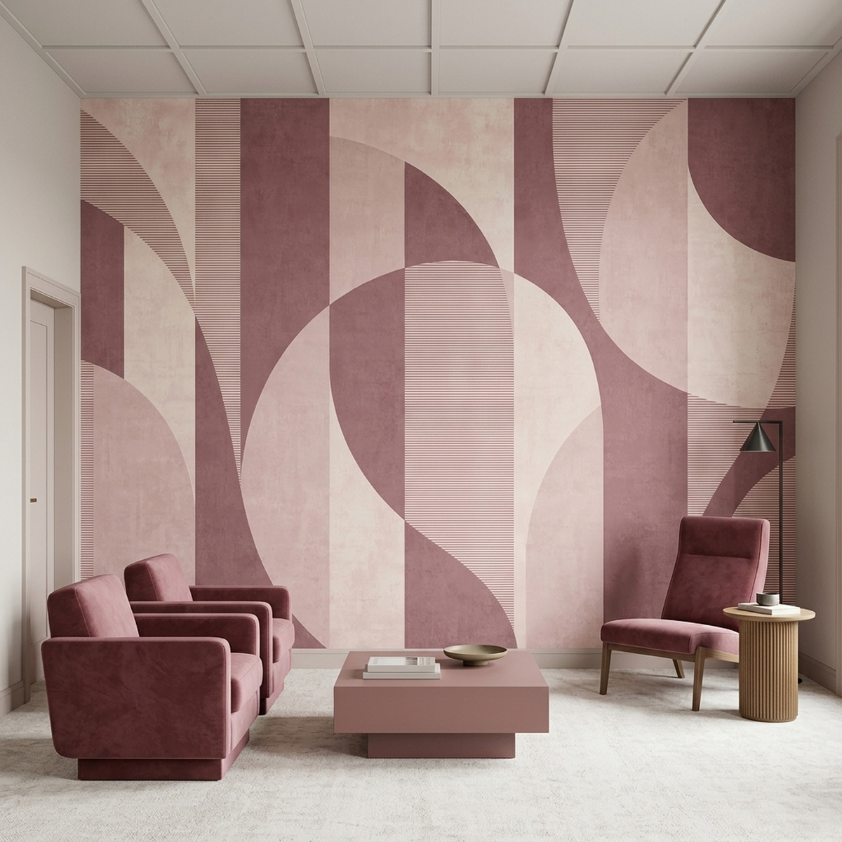 Curved Geometric Forms Wallpaper Soft Pink Cream Wall Mural