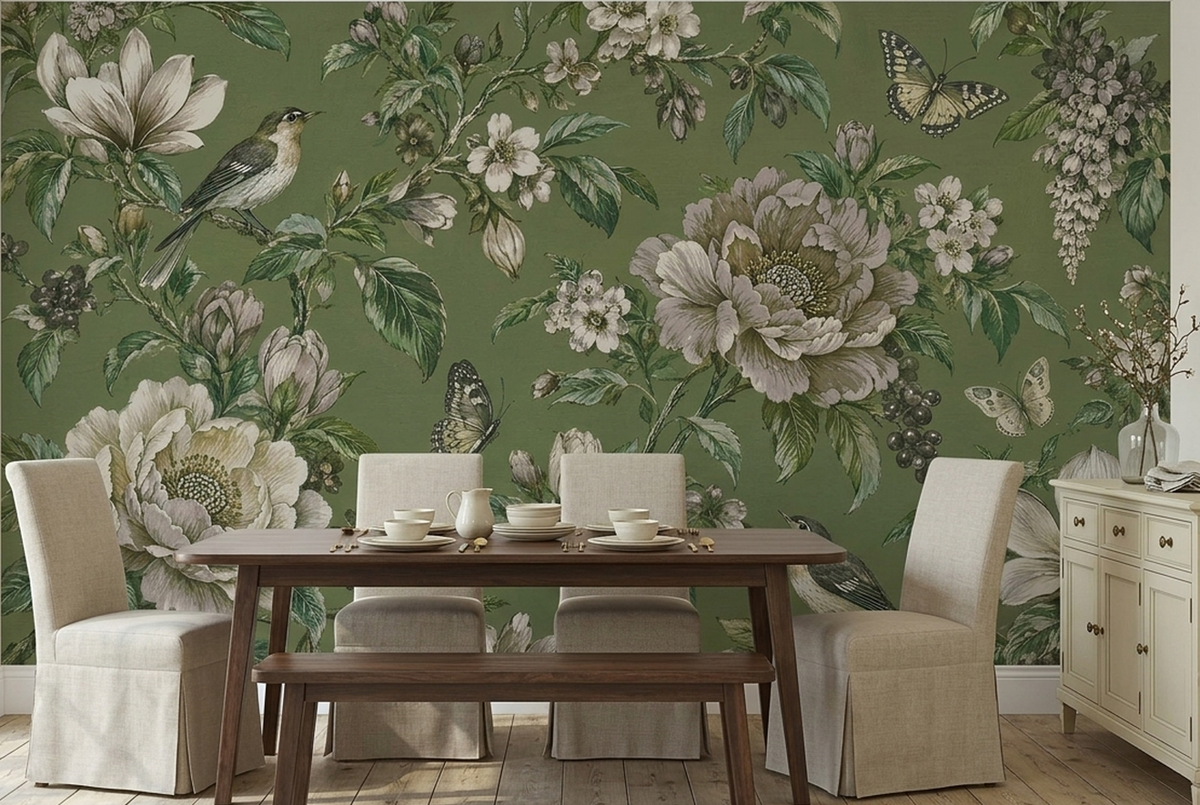 Botanical Blossoms And Birds Wallpaper Vintage Style Wall Mural