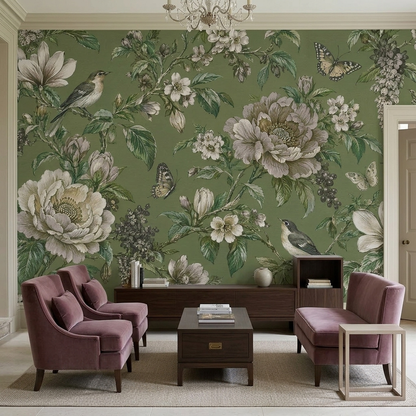 Botanical Blossoms And Birds Wallpaper Vintage Style Wall Mural
