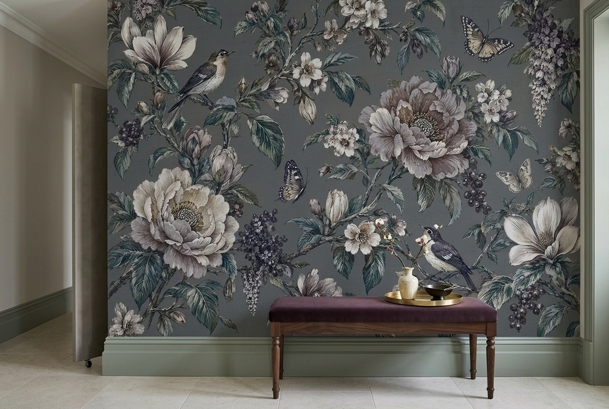Vintage Peony and Songbird Wall Mural in Smoky Gray