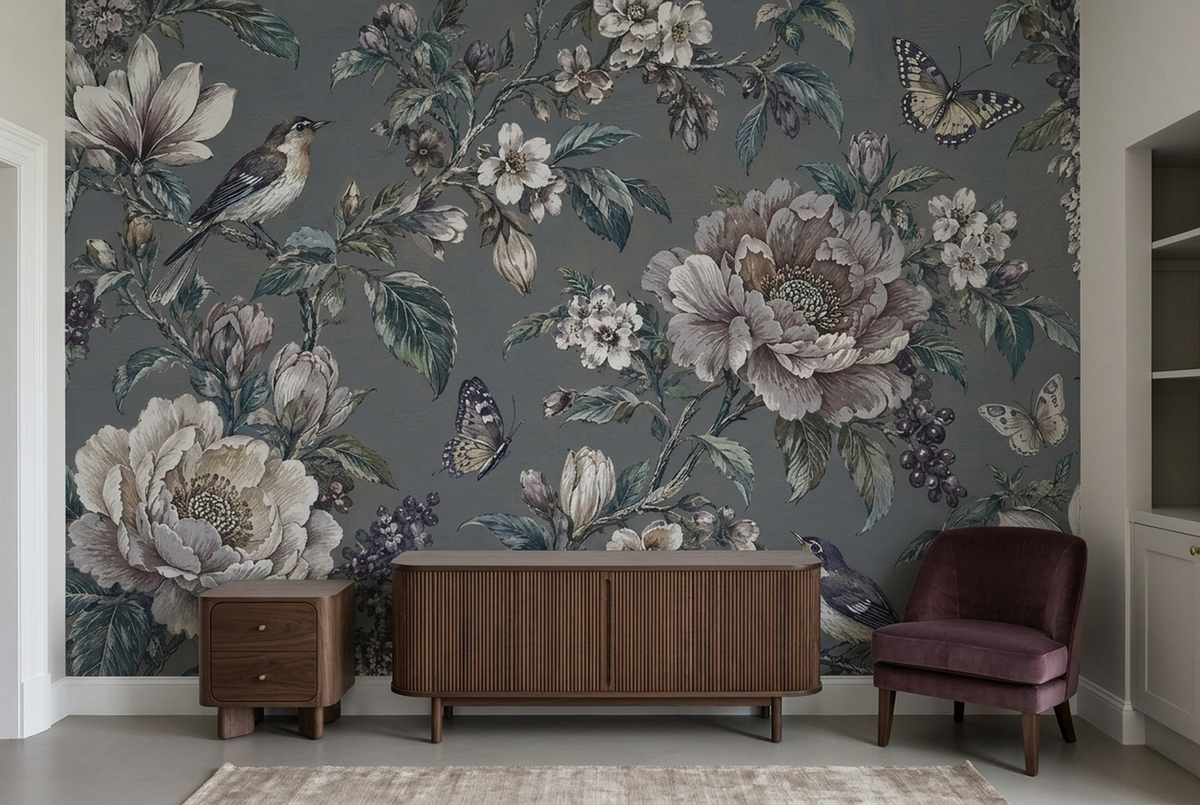Vintage Peony and Songbird Wall Mural in Smoky Gray