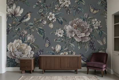 Vintage Peony and Songbird Wall Mural in Smoky Gray