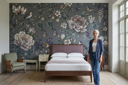 Vintage Peony and Songbird Wall Mural in Smoky Gray
