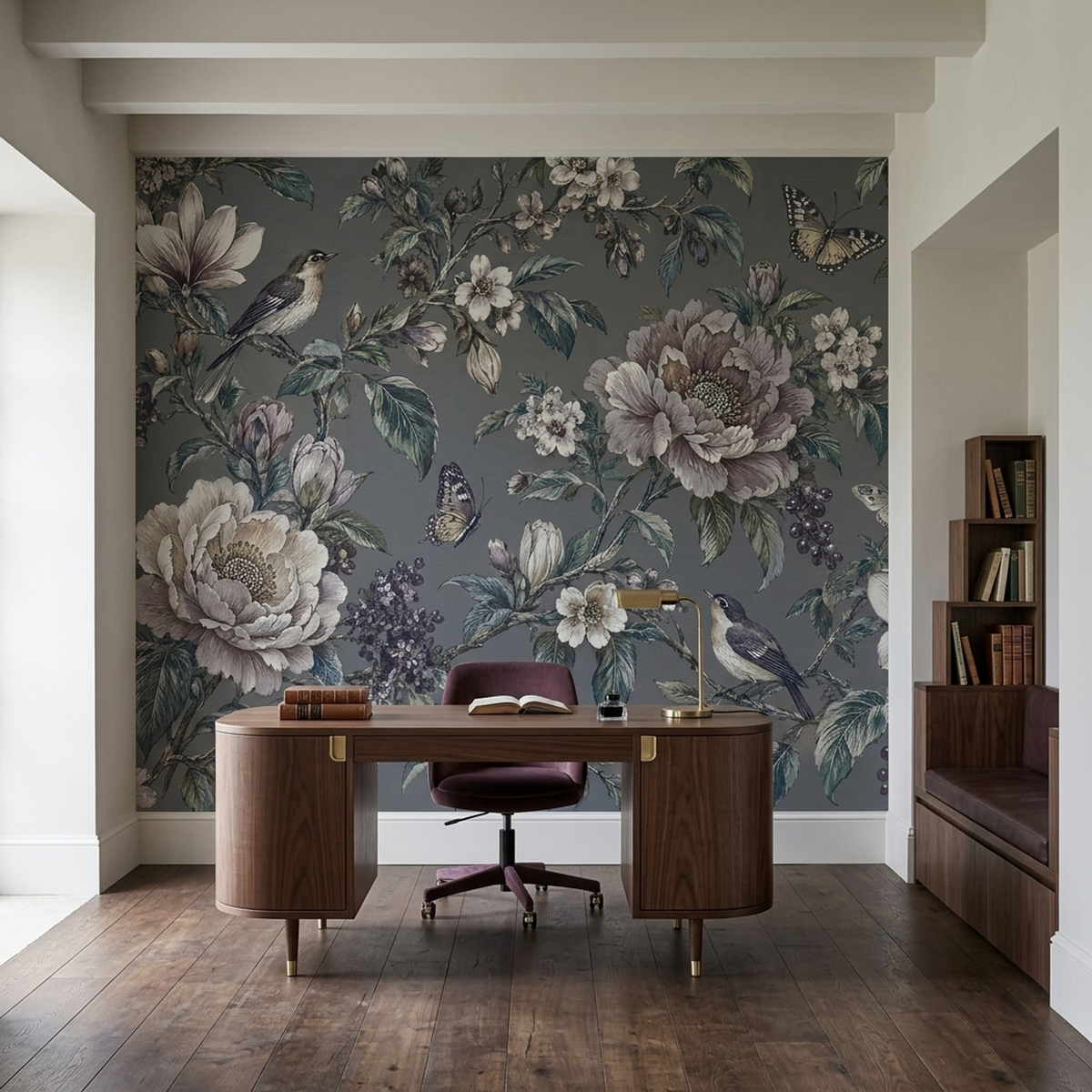 Vintage Peony and Songbird Wall Mural in Smoky Gray