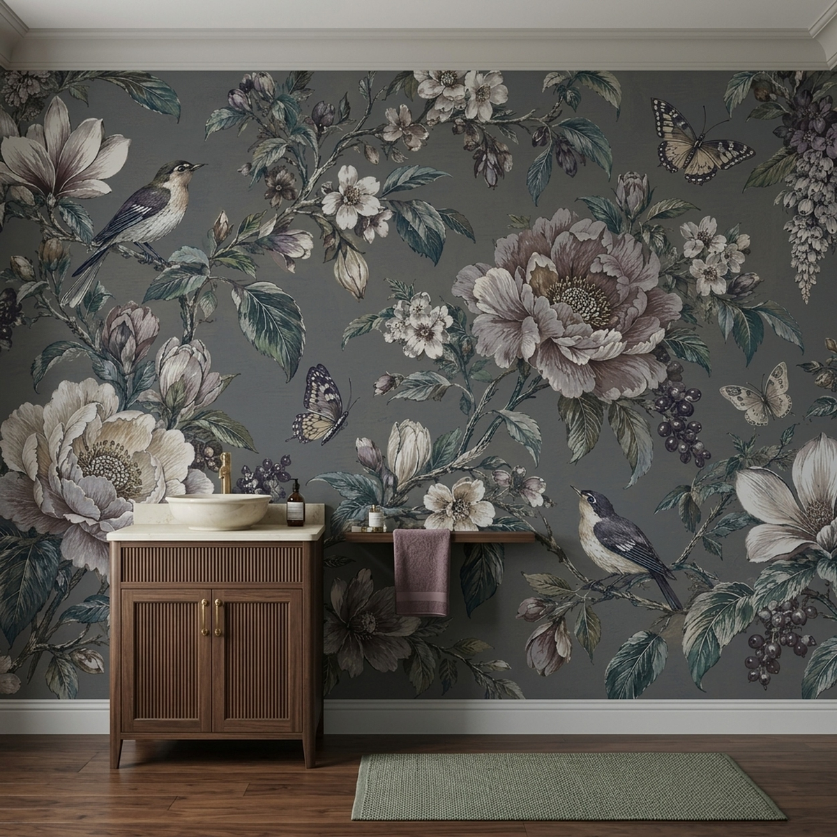 Vintage Peony and Songbird Wall Mural in Smoky Gray