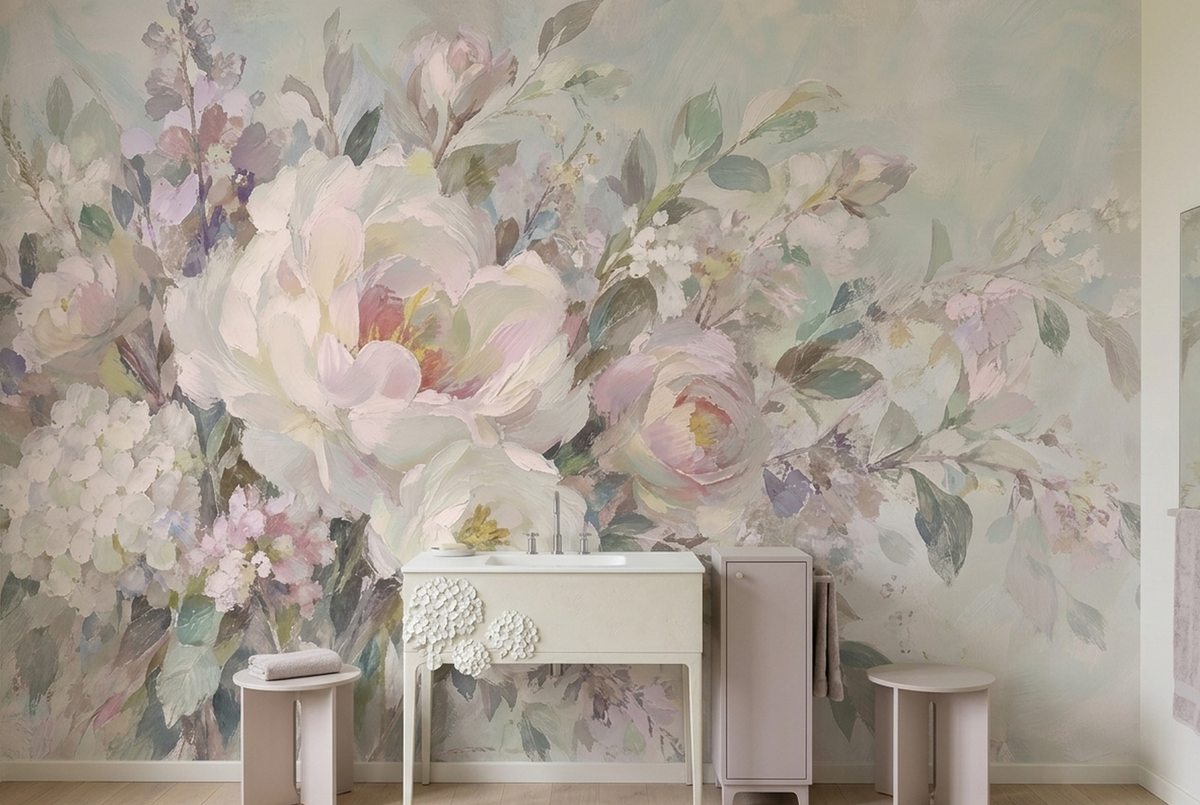 Pastel Peony Wall Mural with Blush Pink Painterly Florals