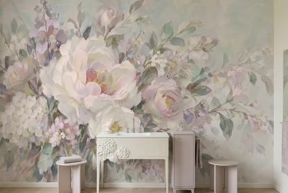 Pastel Peony Wall Mural with Blush Pink Painterly Florals