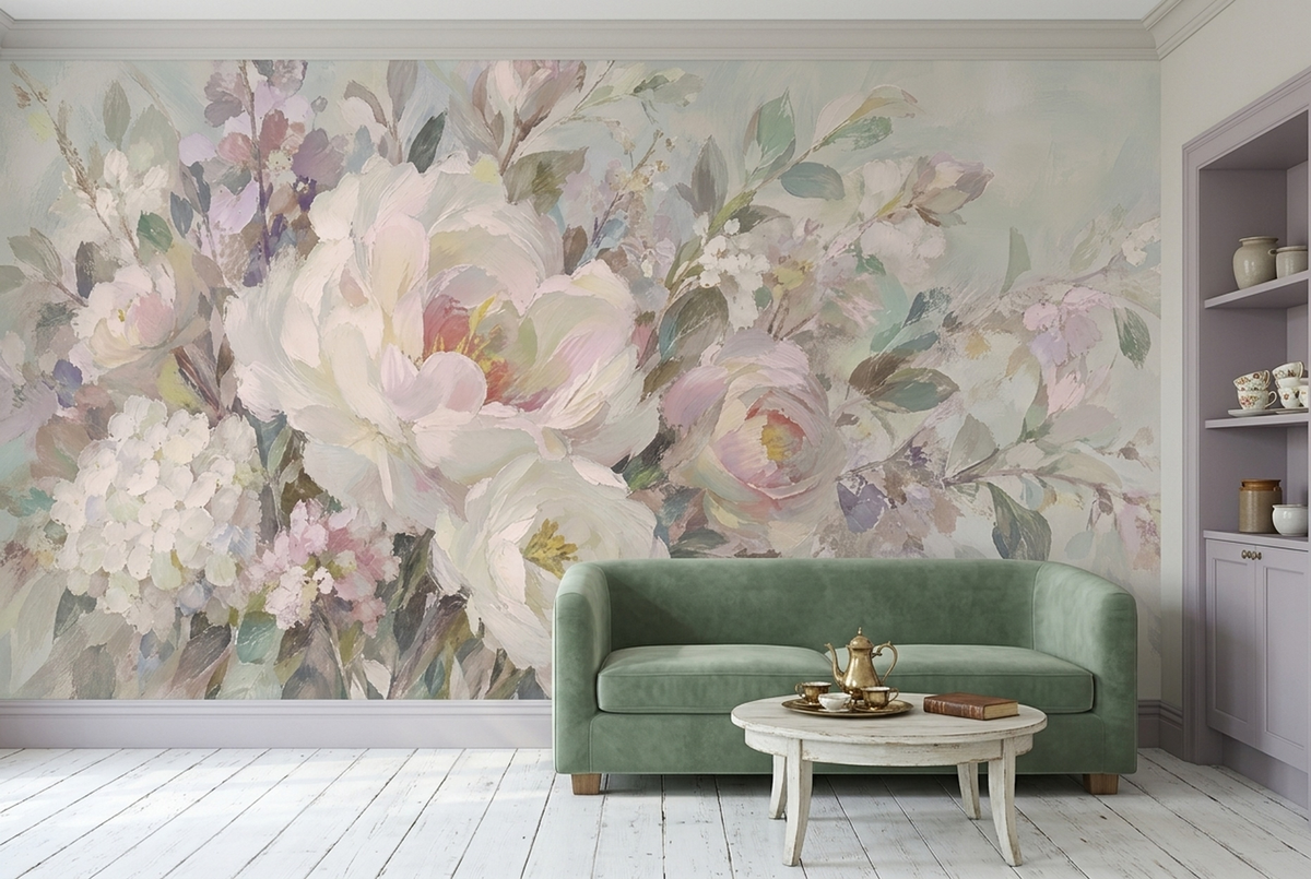 Pastel Peony Wall Mural with Blush Pink Painterly Florals