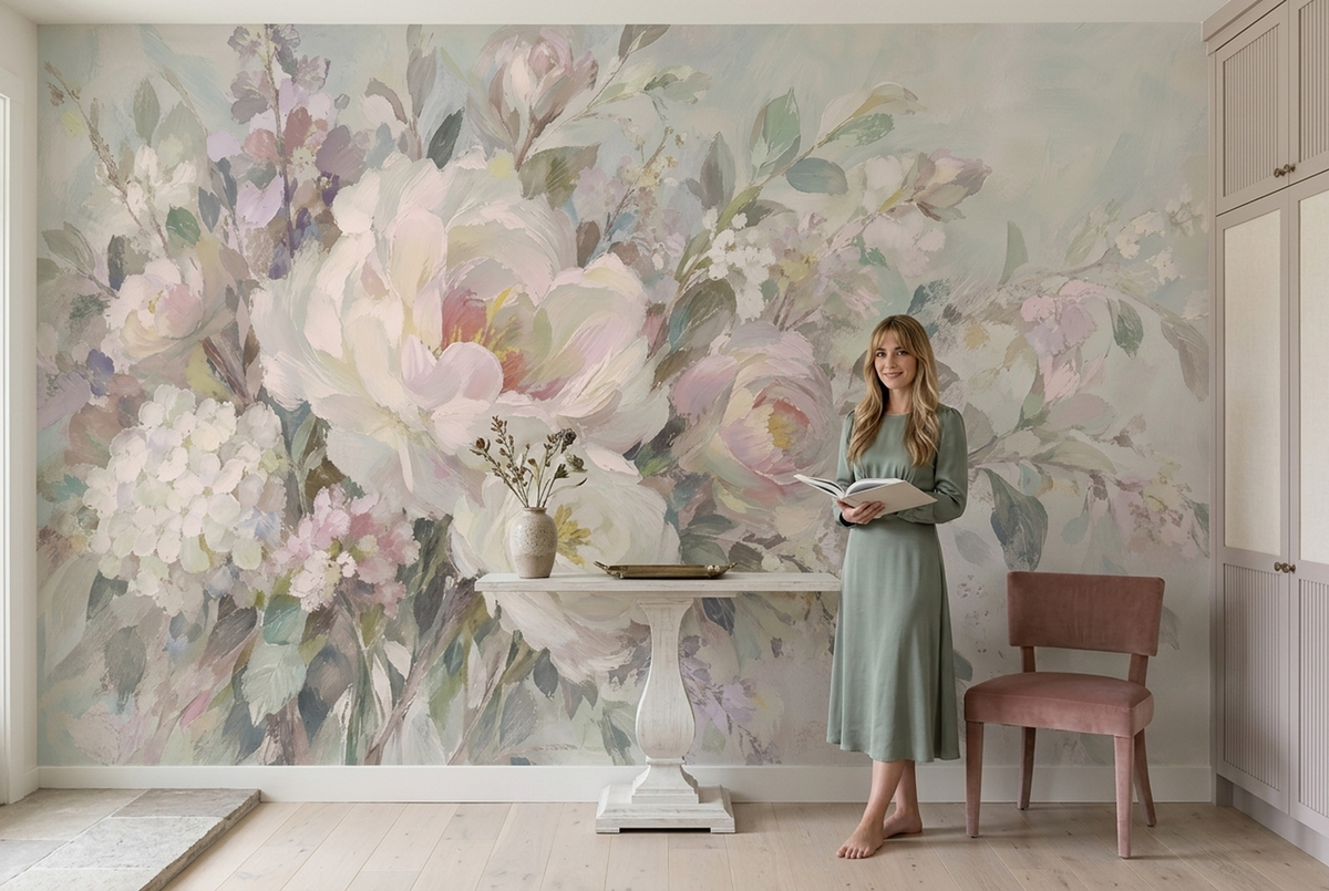 Pastel Peony Wall Mural with Blush Pink Painterly Florals