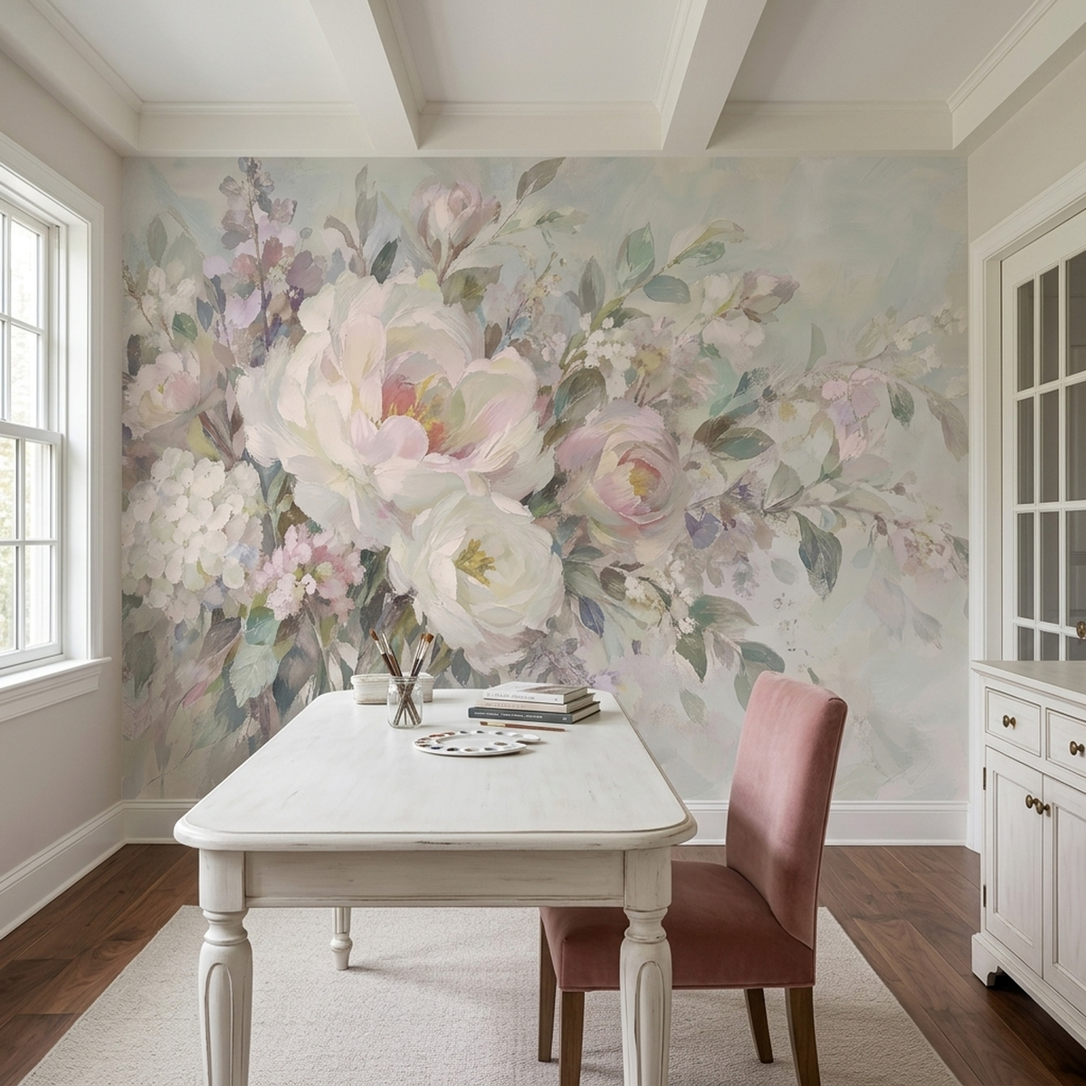 Pastel Peony Wall Mural with Blush Pink Painterly Florals