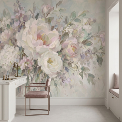 Pastel Peony Wall Mural with Blush Pink Painterly Florals