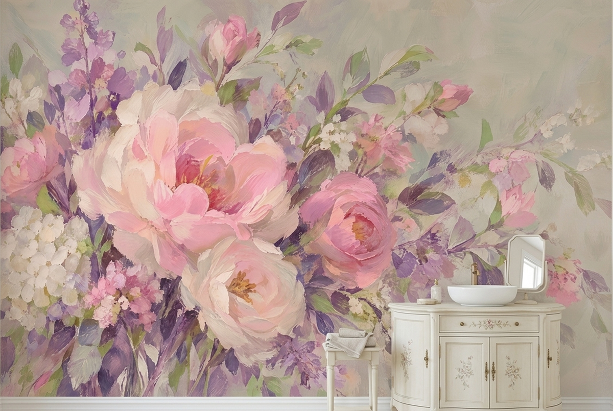 Pink Floral Bouquet Wall Mural with Lilac Brushstroke Details