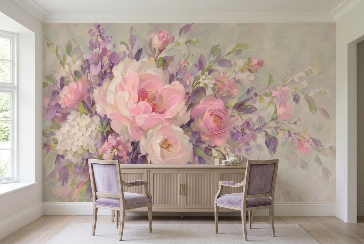 Pink Floral Bouquet Wall Mural with Lilac Brushstroke Details