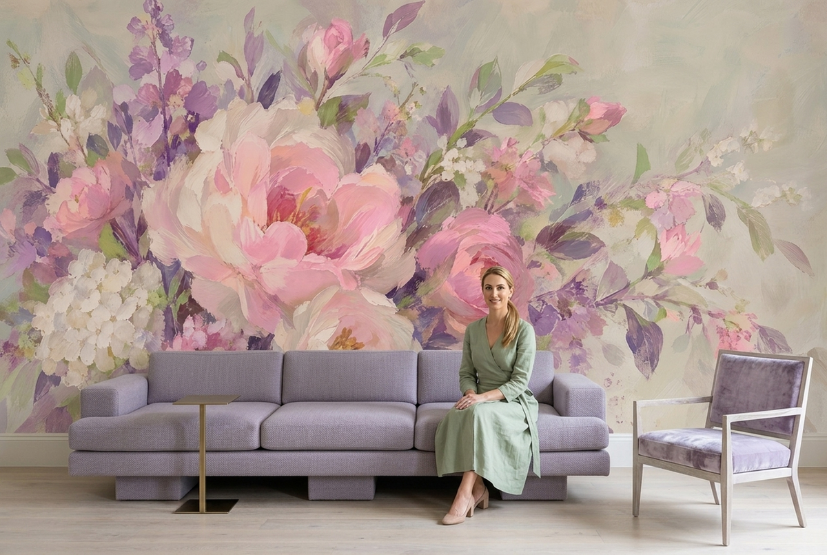 Pink Floral Bouquet Wall Mural with Lilac Brushstroke Details