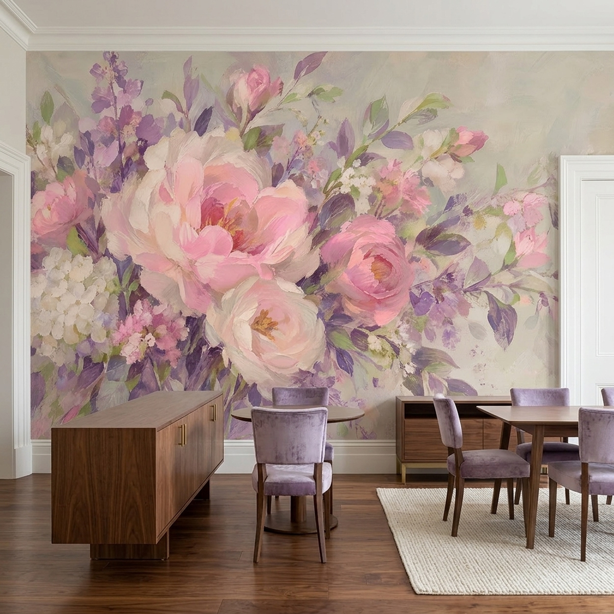 Pink Floral Bouquet Wall Mural with Lilac Brushstroke Details