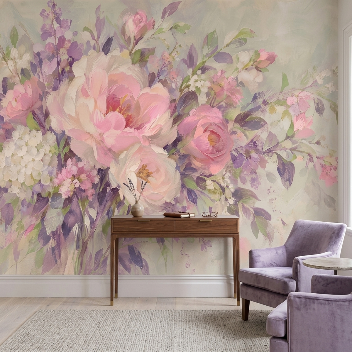 Pink Floral Bouquet Wall Mural with Lilac Brushstroke Details