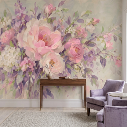 Pink Floral Bouquet Wall Mural with Lilac Brushstroke Details