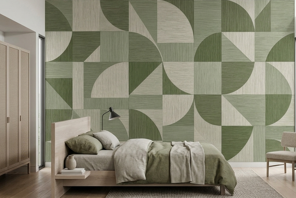 Olive Green Geometric Wall Mural with Retro Curves and Woven Effect
