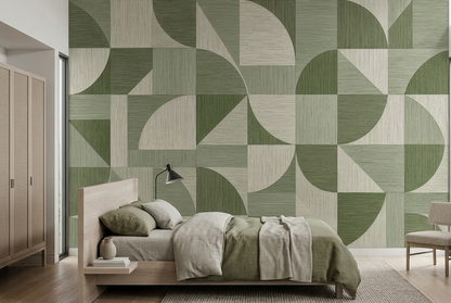 Olive Green Geometric Wall Mural with Retro Curves and Woven Effect