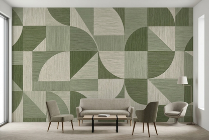 Olive Green Geometric Wall Mural with Retro Curves and Woven Effect