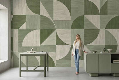 Olive Green Geometric Wall Mural with Retro Curves and Woven Effect