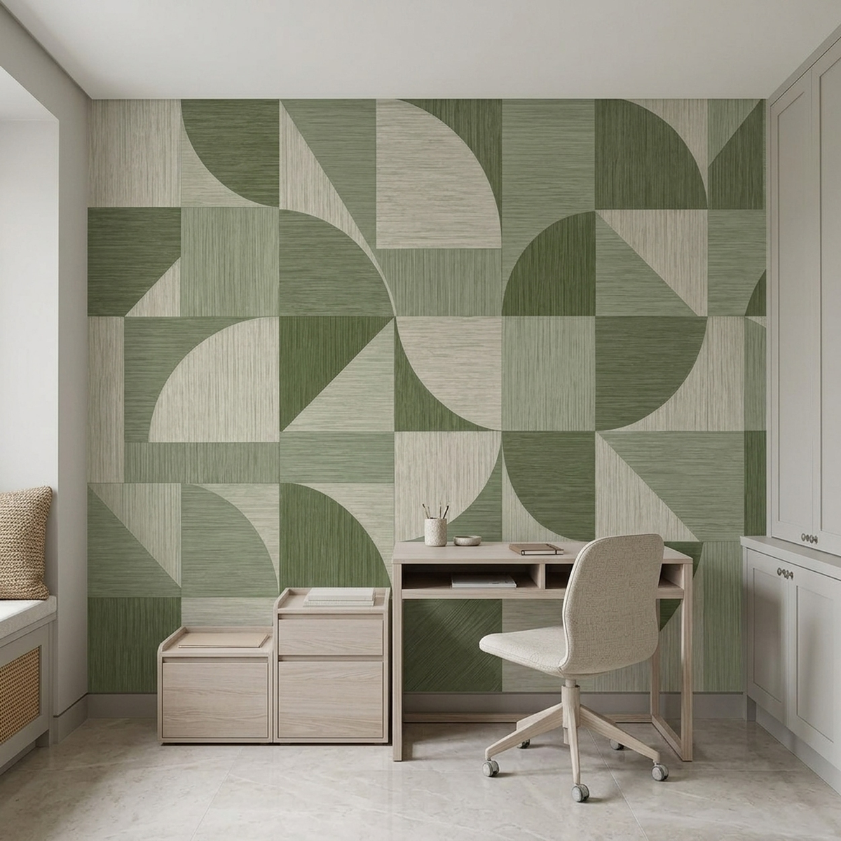 Olive Green Geometric Wall Mural with Retro Curves and Woven Effect