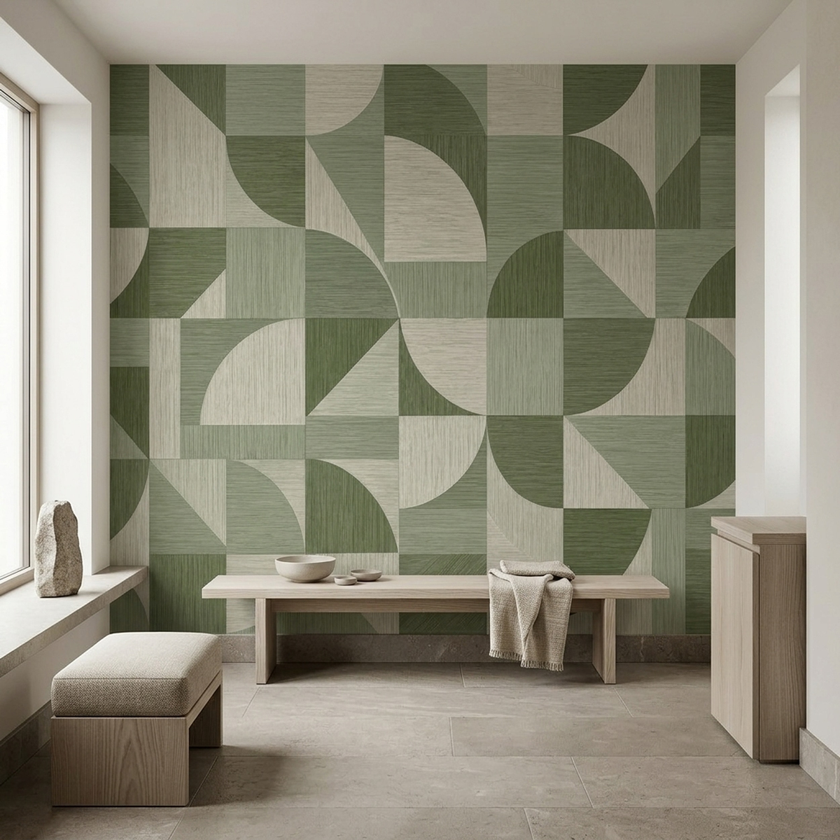 Olive Green Geometric Wall Mural with Retro Curves and Woven Effect
