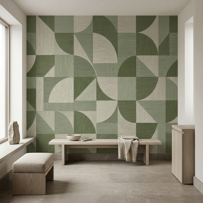 Olive Green Geometric Wall Mural with Retro Curves and Woven Effect