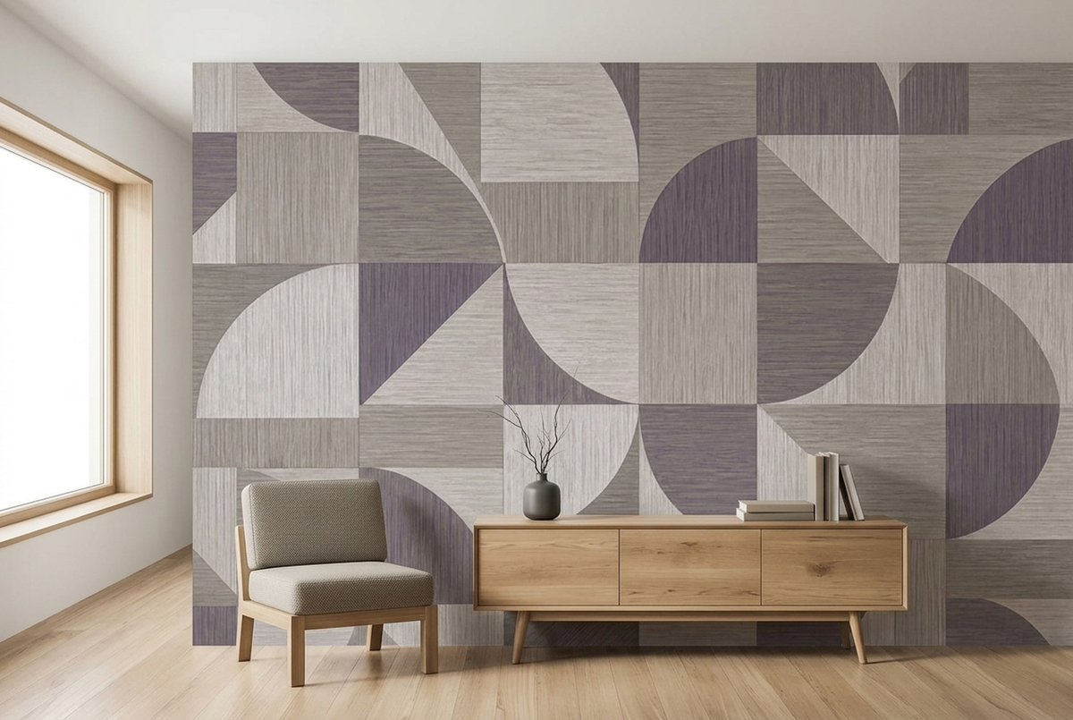 Taupe Geometric Wall Mural with Muted Lilac Arcs and Linen Effect