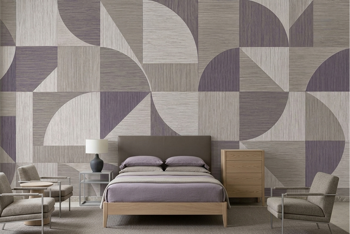 Taupe Geometric Wall Mural with Muted Lilac Arcs and Linen Effect
