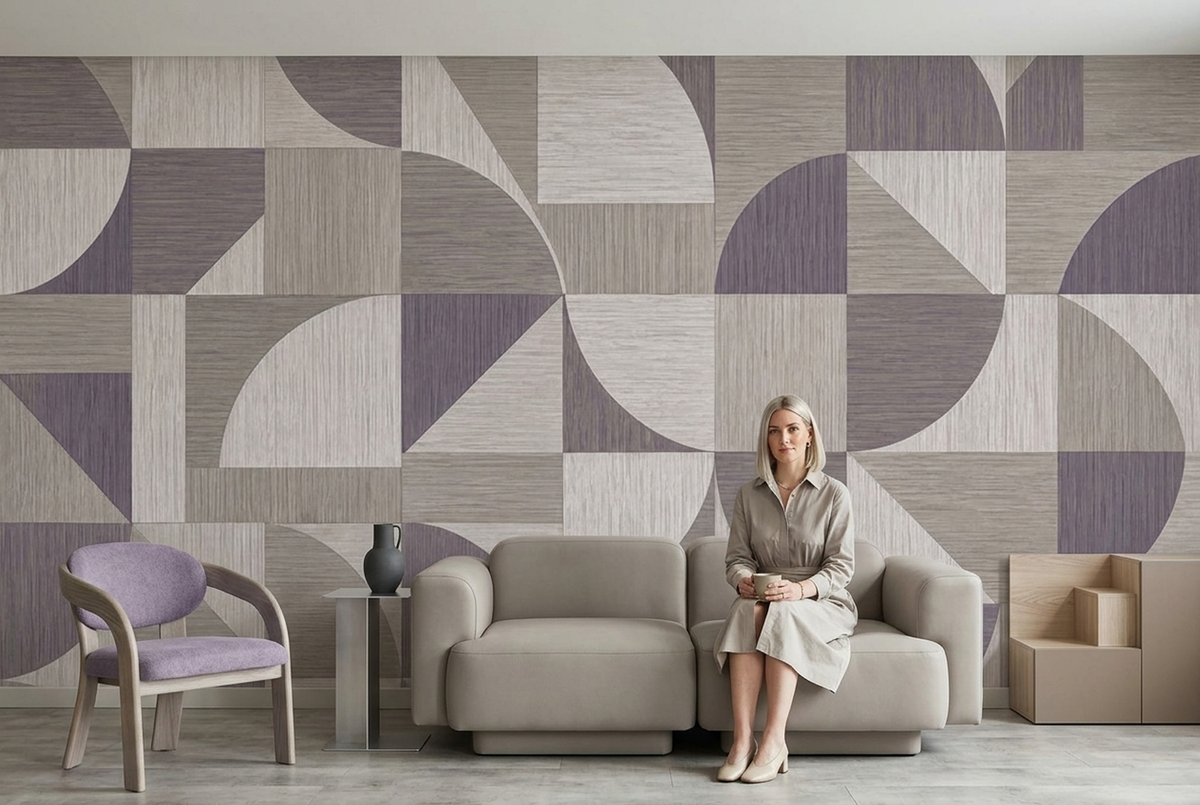 Taupe Geometric Wall Mural with Muted Lilac Arcs and Linen Effect