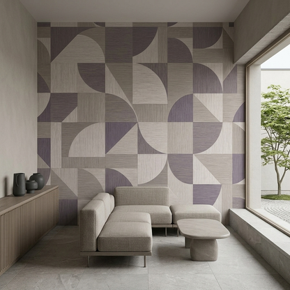 Taupe Geometric Wall Mural with Muted Lilac Arcs and Linen Effect