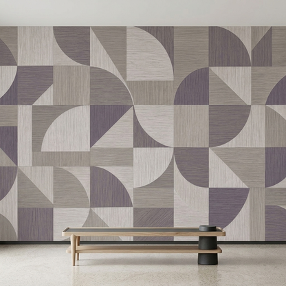 Taupe Geometric Wall Mural with Muted Lilac Arcs and Linen Effect