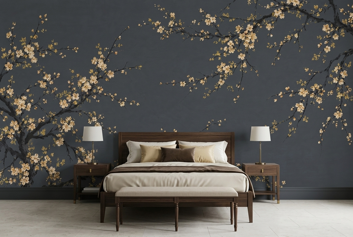Cream Blossom Branches Wallpaper Textured Charcoal Wall Mural