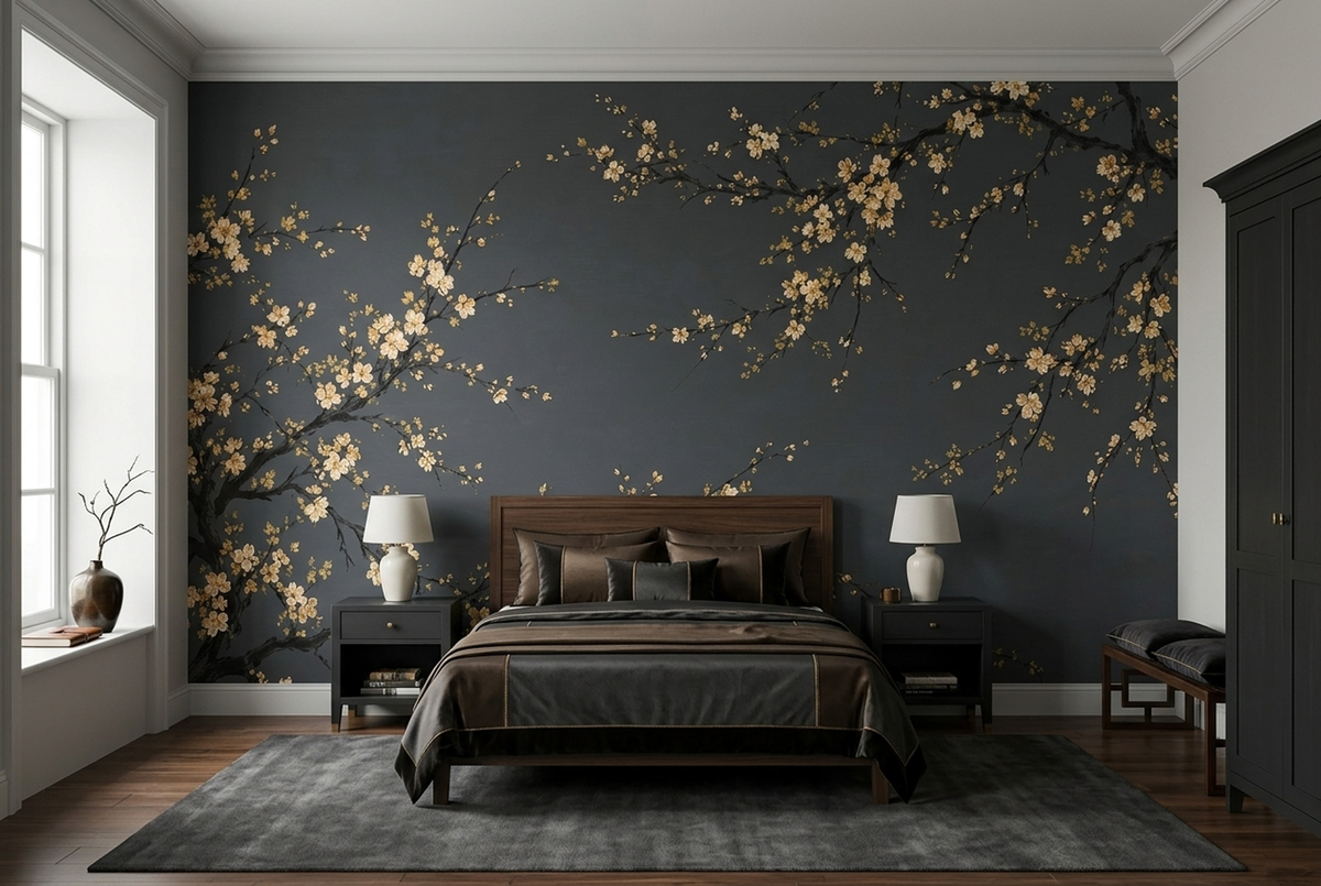 Cream Blossom Branches Wallpaper Textured Charcoal Wall Mural
