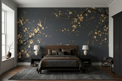 Cream Blossom Branches Wallpaper Textured Charcoal Wall Mural