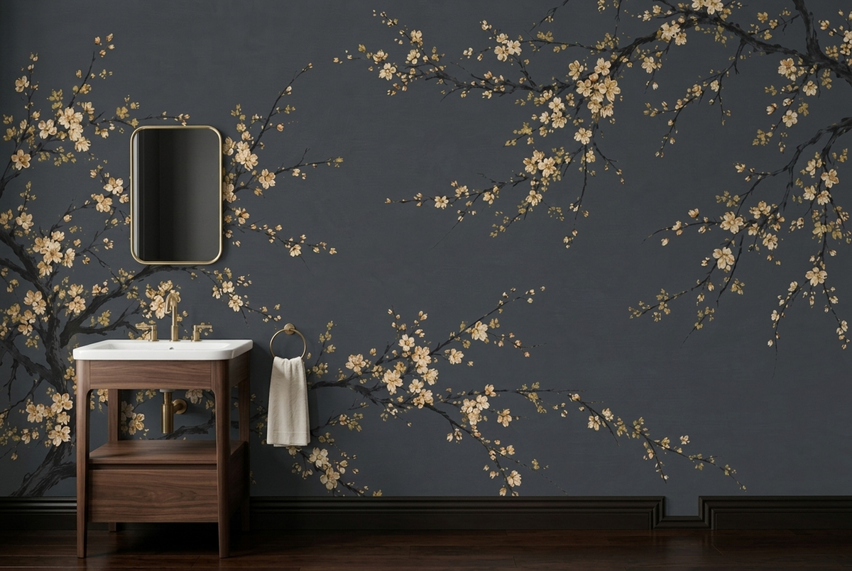Cream Blossom Branches Wallpaper Textured Charcoal Wall Mural