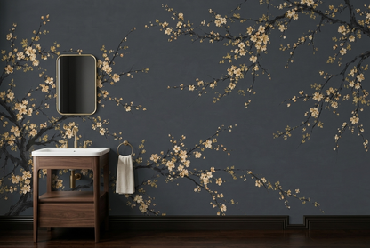 Cream Blossom Branches Wallpaper Textured Charcoal Wall Mural