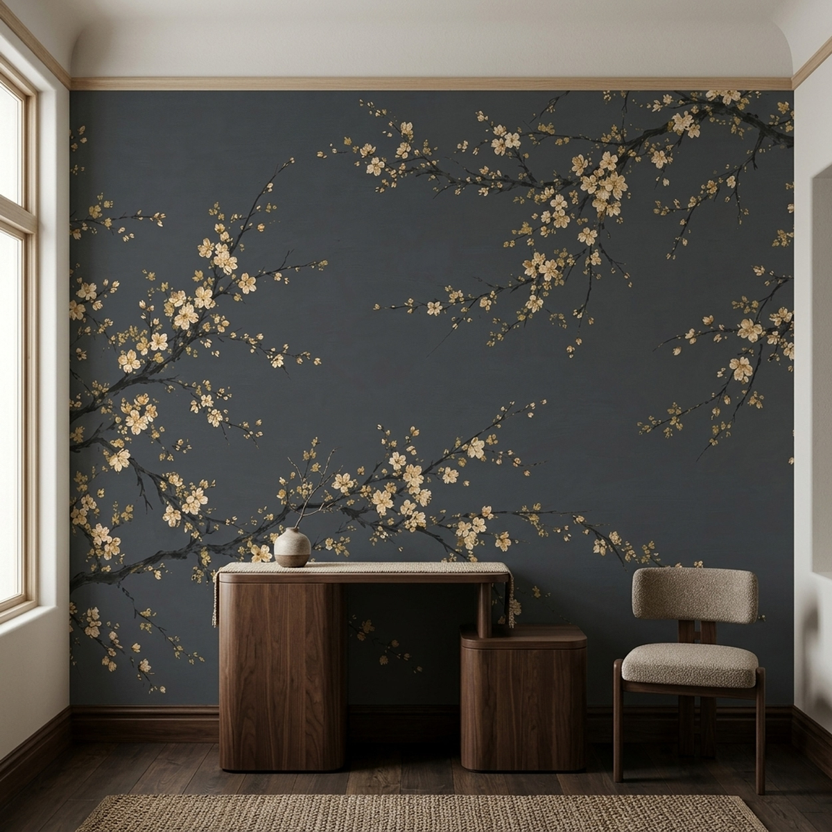Cream Blossom Branches Wallpaper Textured Charcoal Wall Mural