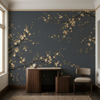 Cream Blossom Branches Wallpaper Textured Charcoal Wall Mural