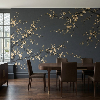Cream Blossom Branches Wallpaper Textured Charcoal Wall Mural