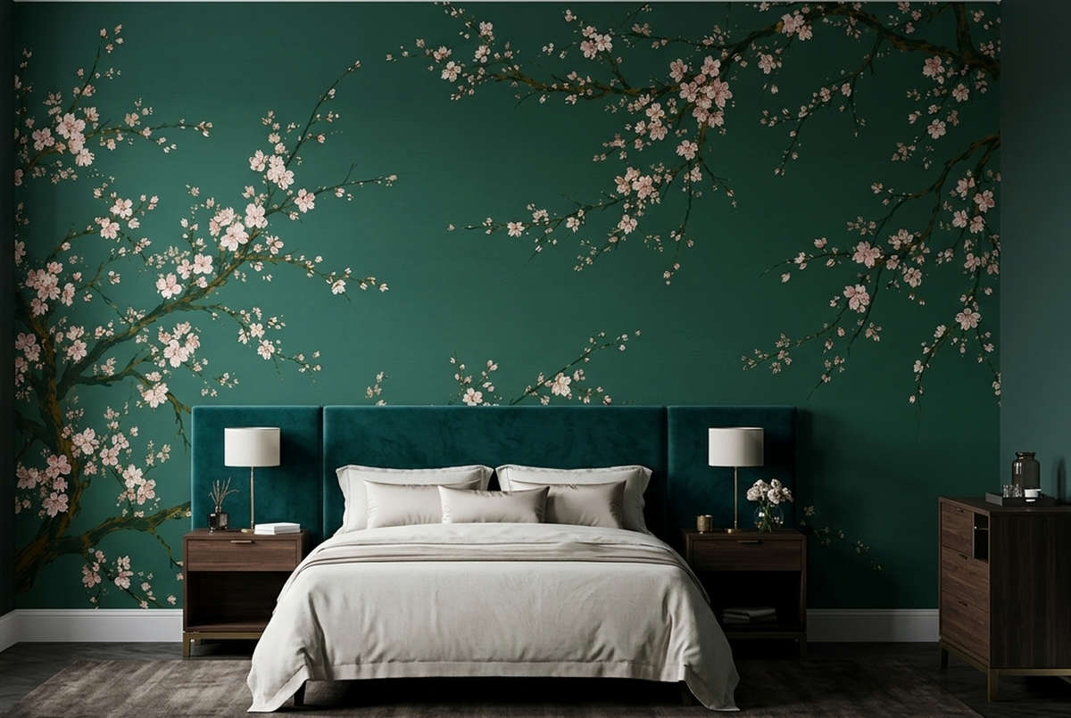 Cherry Blossom Branches Wallpaper Deep Green Wall Mural