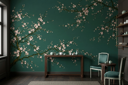 Cherry Blossom Branches Wallpaper Deep Green Wall Mural