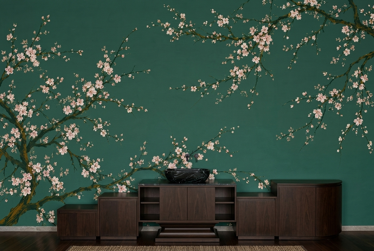 Cherry Blossom Branches Wallpaper Deep Green Wall Mural